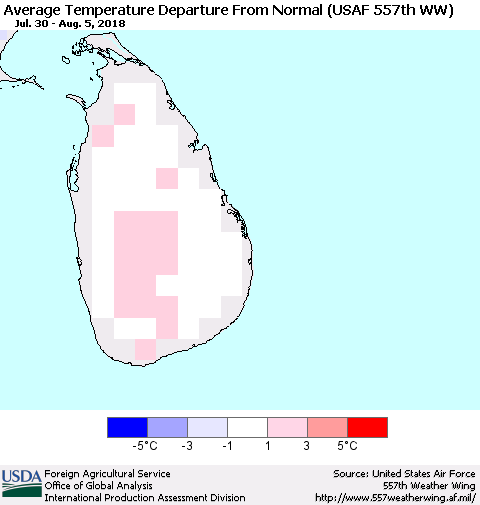 Sri Lanka Average Temperature Departure from Normal (USAF 557th WW) Thematic Map For 7/30/2018 - 8/5/2018