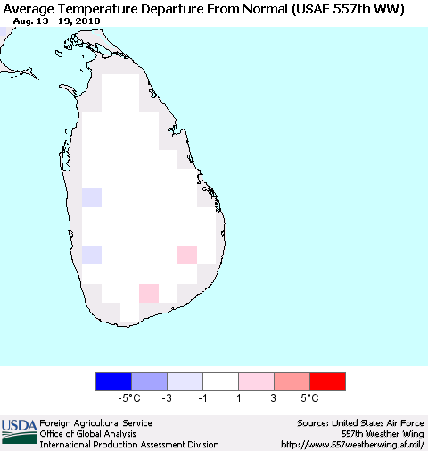 Sri Lanka Average Temperature Departure from Normal (USAF 557th WW) Thematic Map For 8/13/2018 - 8/19/2018