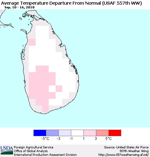 Sri Lanka Average Temperature Departure from Normal (USAF 557th WW) Thematic Map For 9/10/2018 - 9/16/2018