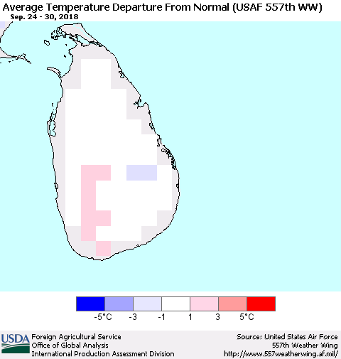 Sri Lanka Average Temperature Departure from Normal (USAF 557th WW) Thematic Map For 9/24/2018 - 9/30/2018