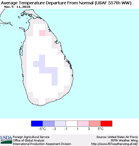 Sri Lanka Average Temperature Departure from Normal (USAF 557th WW) Thematic Map For 11/5/2018 - 11/11/2018