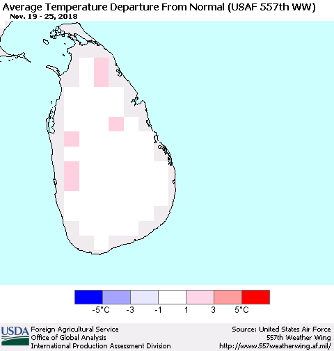 Sri Lanka Average Temperature Departure from Normal (USAF 557th WW) Thematic Map For 11/19/2018 - 11/25/2018