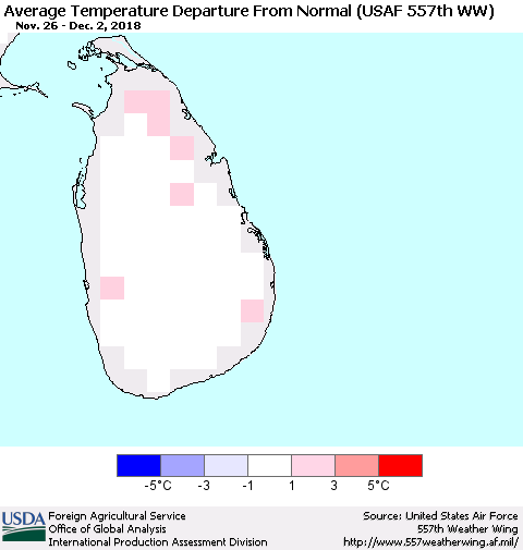 Sri Lanka Average Temperature Departure from Normal (USAF 557th WW) Thematic Map For 11/26/2018 - 12/2/2018
