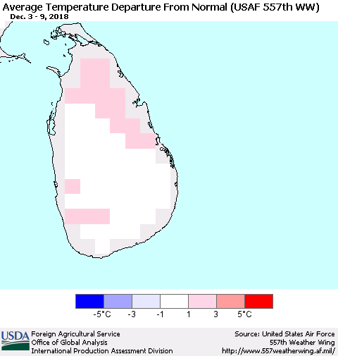 Sri Lanka Average Temperature Departure from Normal (USAF 557th WW) Thematic Map For 12/3/2018 - 12/9/2018