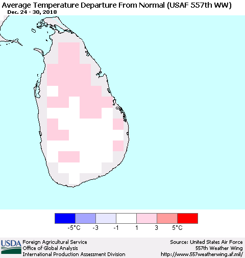 Sri Lanka Average Temperature Departure from Normal (USAF 557th WW) Thematic Map For 12/24/2018 - 12/30/2018