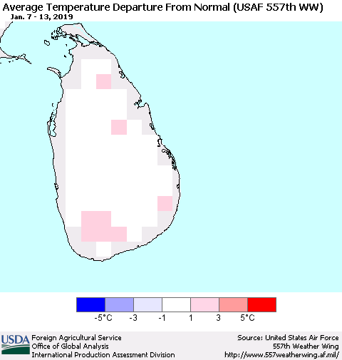 Sri Lanka Average Temperature Departure from Normal (USAF 557th WW) Thematic Map For 1/7/2019 - 1/13/2019