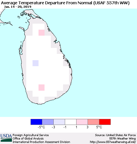 Sri Lanka Average Temperature Departure from Normal (USAF 557th WW) Thematic Map For 1/14/2019 - 1/20/2019