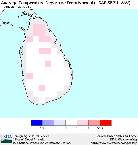 Sri Lanka Average Temperature Departure from Normal (USAF 557th WW) Thematic Map For 1/21/2019 - 1/27/2019