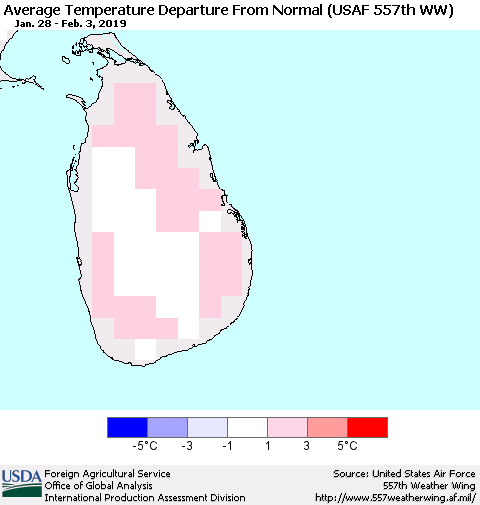 Sri Lanka Average Temperature Departure from Normal (USAF 557th WW) Thematic Map For 1/28/2019 - 2/3/2019