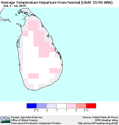 Sri Lanka Average Temperature Departure from Normal (USAF 557th WW) Thematic Map For 2/4/2019 - 2/10/2019