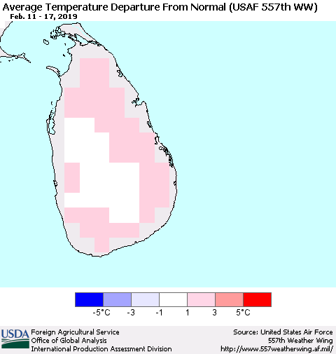 Sri Lanka Average Temperature Departure from Normal (USAF 557th WW) Thematic Map For 2/11/2019 - 2/17/2019