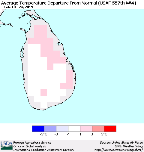 Sri Lanka Average Temperature Departure from Normal (USAF 557th WW) Thematic Map For 2/18/2019 - 2/24/2019