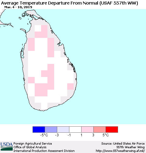 Sri Lanka Average Temperature Departure from Normal (USAF 557th WW) Thematic Map For 3/4/2019 - 3/10/2019