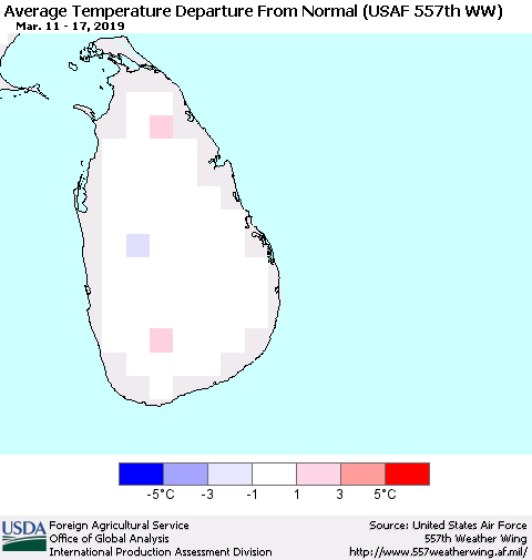 Sri Lanka Average Temperature Departure from Normal (USAF 557th WW) Thematic Map For 3/11/2019 - 3/17/2019