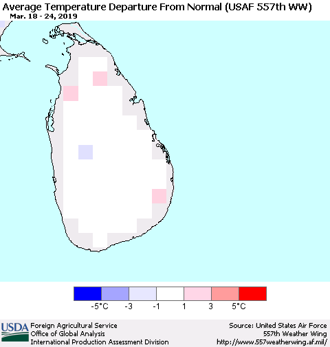 Sri Lanka Average Temperature Departure from Normal (USAF 557th WW) Thematic Map For 3/18/2019 - 3/24/2019