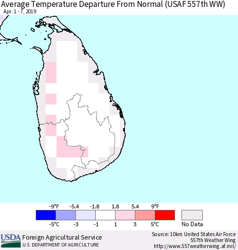 Sri Lanka Average Temperature Departure from Normal (USAF 557th WW) Thematic Map For 4/1/2019 - 4/7/2019