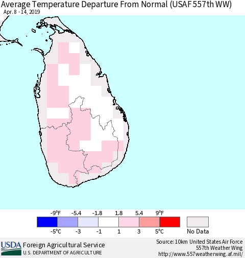 Sri Lanka Average Temperature Departure from Normal (USAF 557th WW) Thematic Map For 4/8/2019 - 4/14/2019
