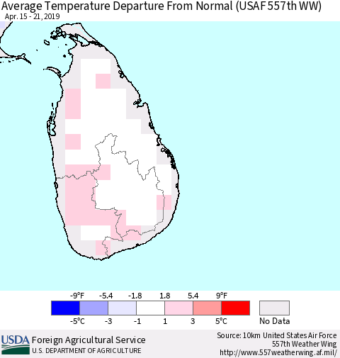 Sri Lanka Average Temperature Departure from Normal (USAF 557th WW) Thematic Map For 4/15/2019 - 4/21/2019