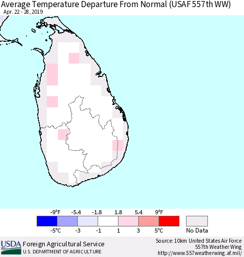 Sri Lanka Average Temperature Departure from Normal (USAF 557th WW) Thematic Map For 4/22/2019 - 4/28/2019