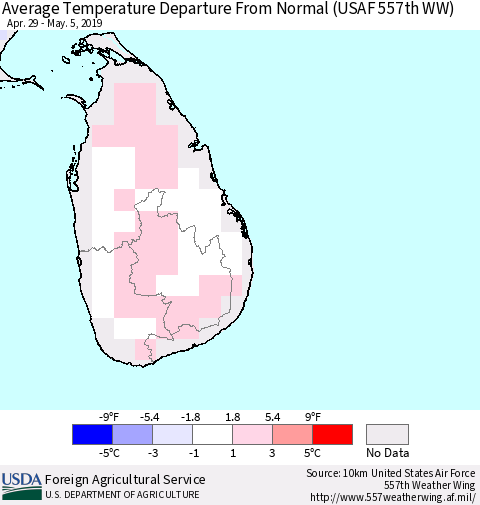 Sri Lanka Average Temperature Departure from Normal (USAF 557th WW) Thematic Map For 4/29/2019 - 5/5/2019