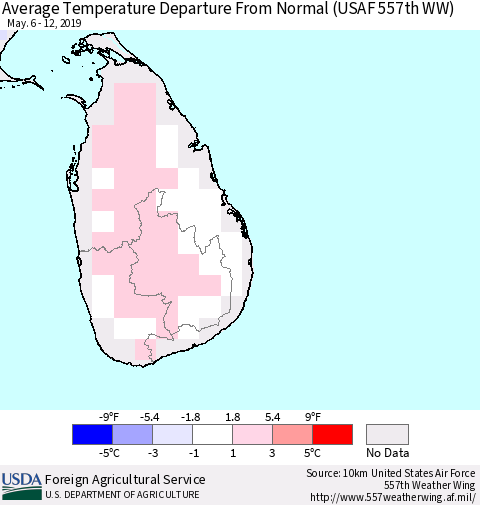 Sri Lanka Average Temperature Departure from Normal (USAF 557th WW) Thematic Map For 5/6/2019 - 5/12/2019