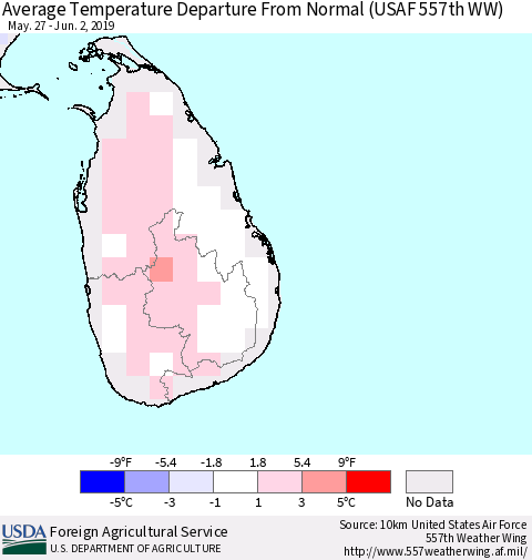 Sri Lanka Average Temperature Departure From Normal (USAF 557th WW) Thematic Map For 5/27/2019 - 6/2/2019