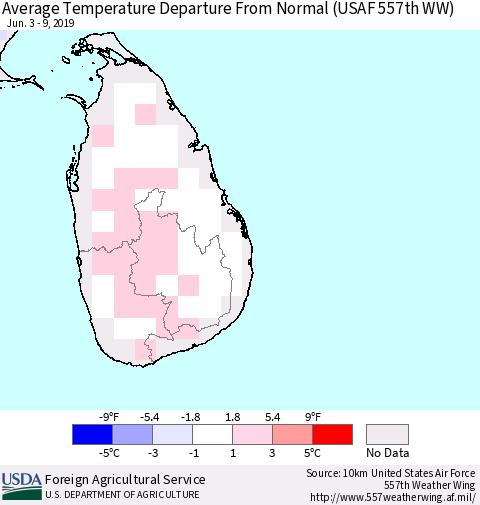 Sri Lanka Average Temperature Departure From Normal (USAF 557th WW) Thematic Map For 6/3/2019 - 6/9/2019