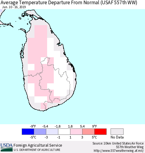 Sri Lanka Average Temperature Departure from Normal (USAF 557th WW) Thematic Map For 6/10/2019 - 6/16/2019