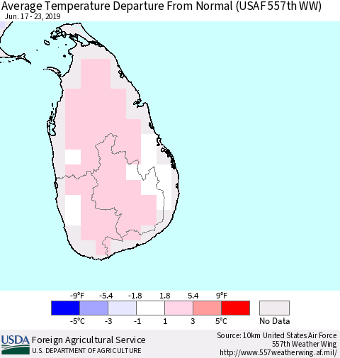 Sri Lanka Average Temperature Departure From Normal (USAF 557th WW) Thematic Map For 6/17/2019 - 6/23/2019