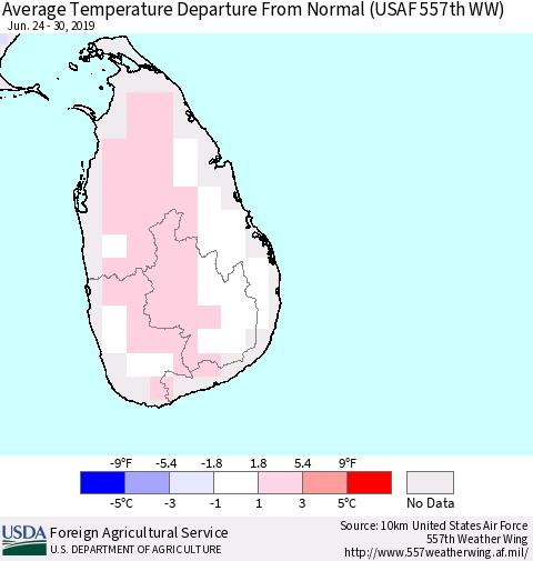 Sri Lanka Average Temperature Departure From Normal (USAF 557th WW) Thematic Map For 6/24/2019 - 6/30/2019