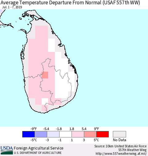 Sri Lanka Average Temperature Departure From Normal (USAF 557th WW) Thematic Map For 7/1/2019 - 7/7/2019