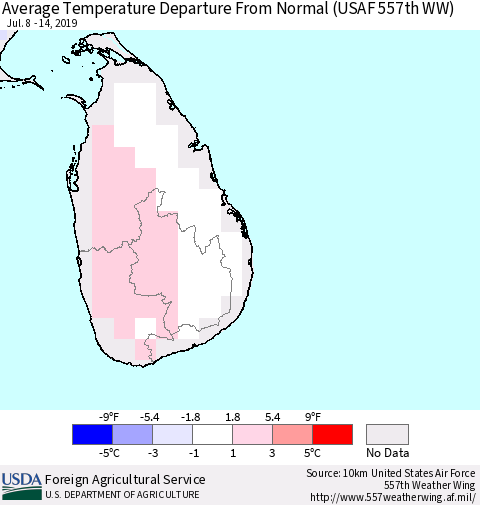 Sri Lanka Average Temperature Departure From Normal (USAF 557th WW) Thematic Map For 7/8/2019 - 7/14/2019
