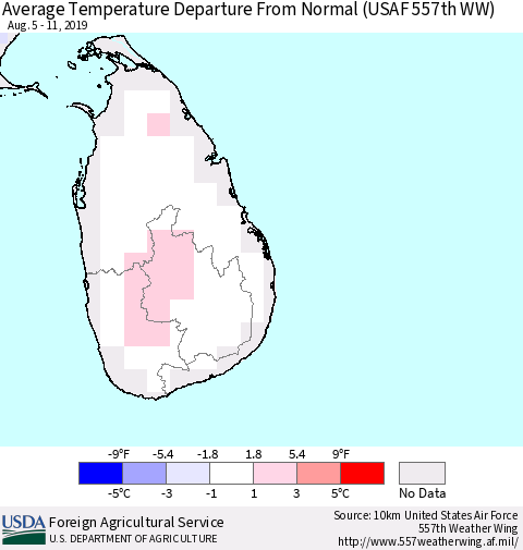 Sri Lanka Average Temperature Departure From Normal (USAF 557th WW) Thematic Map For 8/5/2019 - 8/11/2019