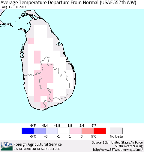 Sri Lanka Average Temperature Departure from Normal (USAF 557th WW) Thematic Map For 8/12/2019 - 8/18/2019