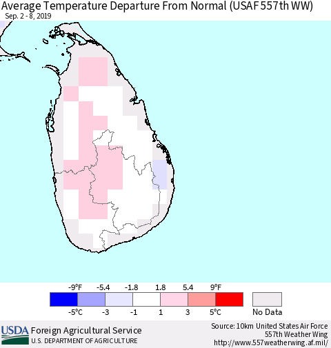 Sri Lanka Average Temperature Departure From Normal (USAF 557th WW) Thematic Map For 9/2/2019 - 9/8/2019
