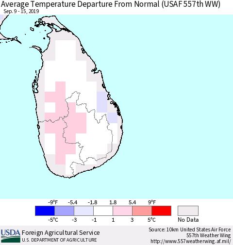 Sri Lanka Average Temperature Departure From Normal (USAF 557th WW) Thematic Map For 9/9/2019 - 9/15/2019
