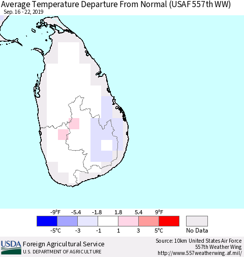 Sri Lanka Average Temperature Departure From Normal (USAF 557th WW) Thematic Map For 9/16/2019 - 9/22/2019