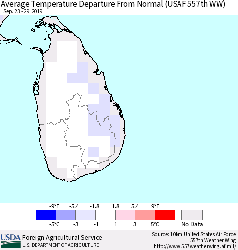 Sri Lanka Average Temperature Departure From Normal (USAF 557th WW) Thematic Map For 9/23/2019 - 9/29/2019