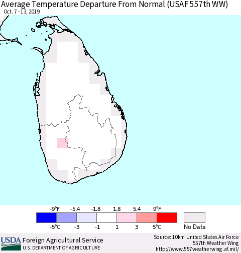 Sri Lanka Average Temperature Departure from Normal (USAF 557th WW) Thematic Map For 10/7/2019 - 10/13/2019