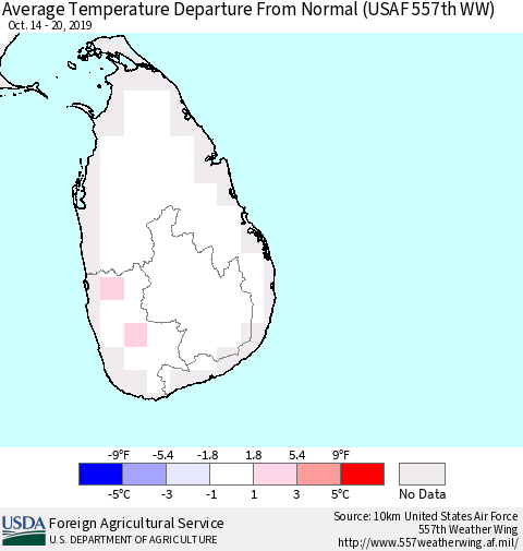 Sri Lanka Average Temperature Departure from Normal (USAF 557th WW) Thematic Map For 10/14/2019 - 10/20/2019
