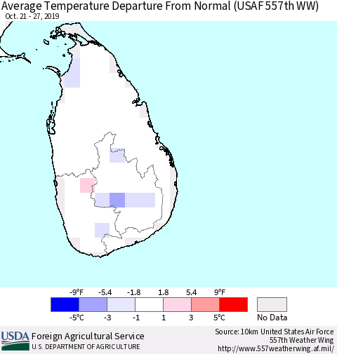 Sri Lanka Average Temperature Departure From Normal (USAF 557th WW) Thematic Map For 10/21/2019 - 10/27/2019