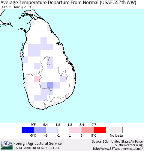 Sri Lanka Average Temperature Departure From Normal (USAF 557th WW) Thematic Map For 10/28/2019 - 11/3/2019