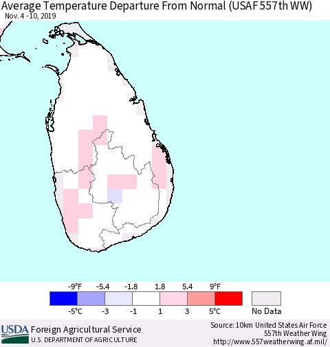 Sri Lanka Average Temperature Departure From Normal (USAF 557th WW) Thematic Map For 11/4/2019 - 11/10/2019