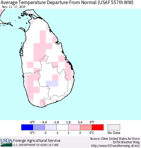 Sri Lanka Average Temperature Departure From Normal (USAF 557th WW) Thematic Map For 11/11/2019 - 11/17/2019