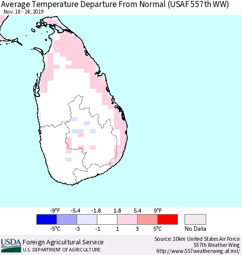 Sri Lanka Average Temperature Departure from Normal (USAF 557th WW) Thematic Map For 11/18/2019 - 11/24/2019