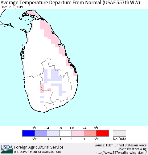 Sri Lanka Average Temperature Departure From Normal (USAF 557th WW) Thematic Map For 12/2/2019 - 12/8/2019