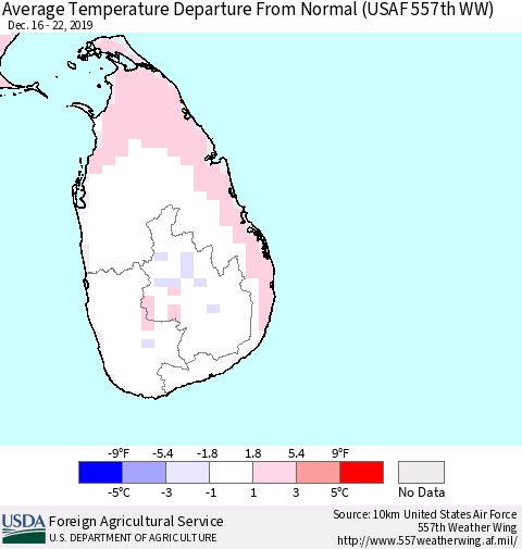 Sri Lanka Average Temperature Departure from Normal (USAF 557th WW) Thematic Map For 12/16/2019 - 12/22/2019