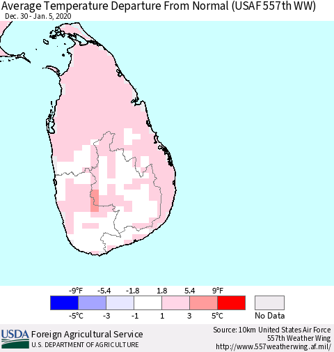 Sri Lanka Average Temperature Departure from Normal (USAF 557th WW) Thematic Map For 12/30/2019 - 1/5/2020