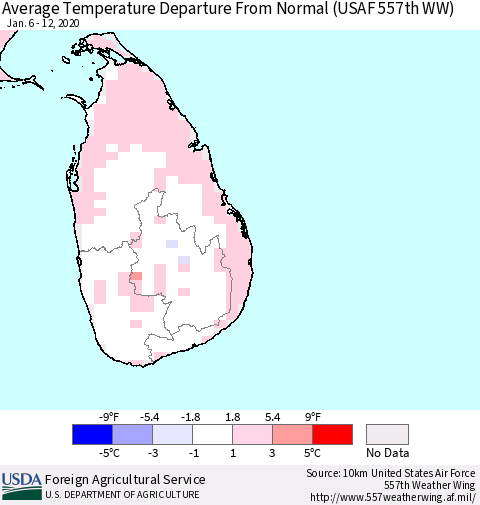 Sri Lanka Average Temperature Departure from Normal (USAF 557th WW) Thematic Map For 1/6/2020 - 1/12/2020