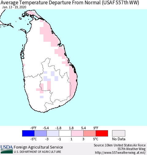 Sri Lanka Average Temperature Departure From Normal (USAF 557th WW) Thematic Map For 1/13/2020 - 1/19/2020